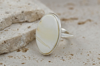 Rare Chalky White Amber Ring, 925 Silver