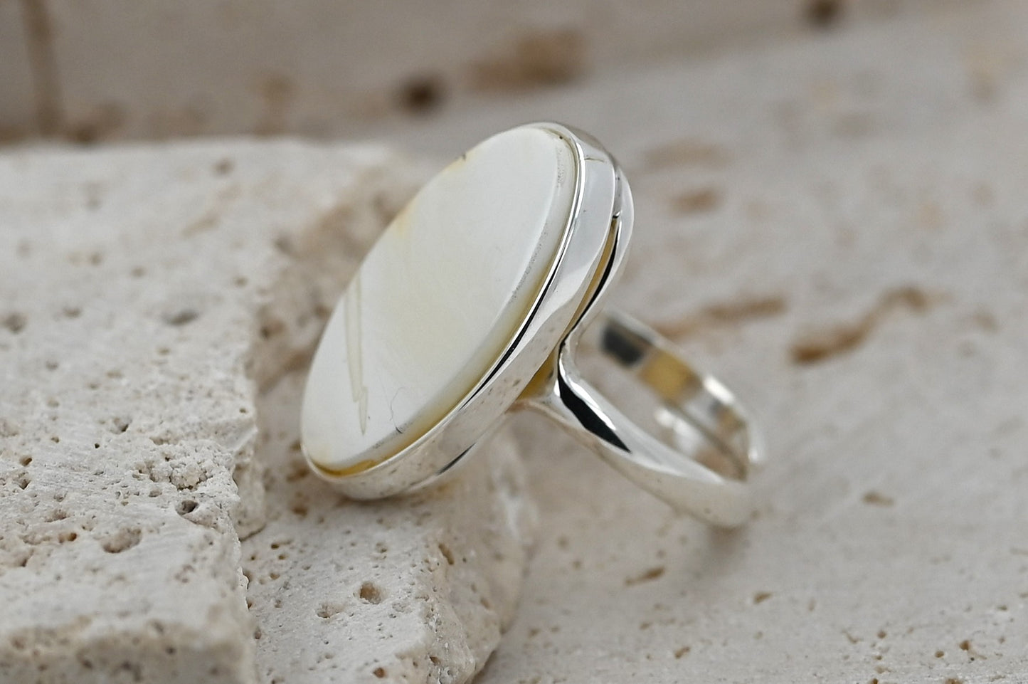 Rare Chalky White Amber Ring, 925 Silver