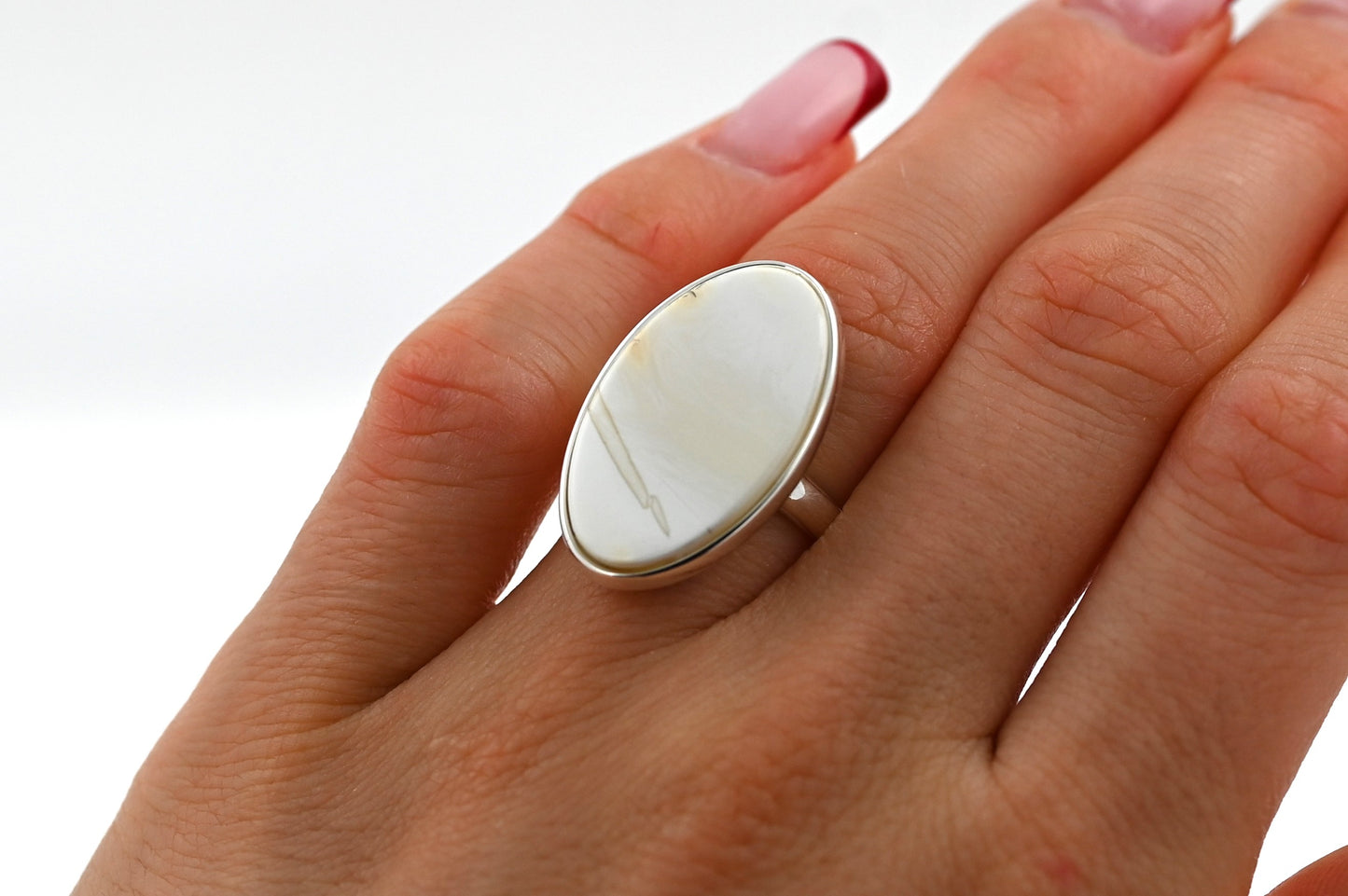 Rare Chalky White Amber Ring, 925 Silver