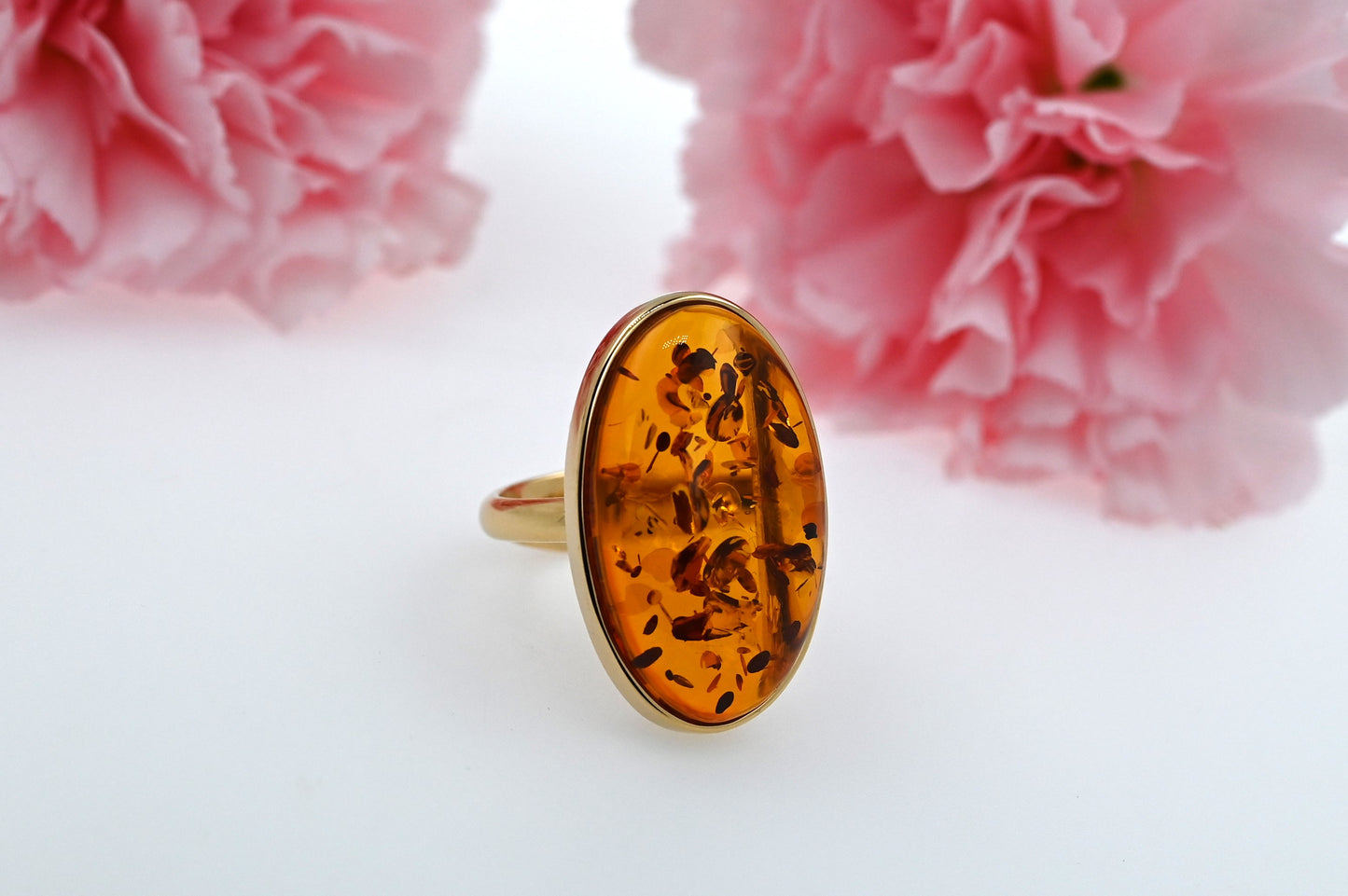 Oval Amber Ring, Cognac, Gold Plated Silver