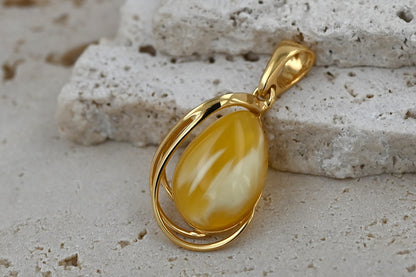 Unikatowy Wisiorek Bursztynowa Harfa, Mleczny, Pozłacane Srebro 925