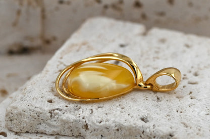 Unikatowy Wisiorek Bursztynowa Harfa, Mleczny, Pozłacane Srebro 925