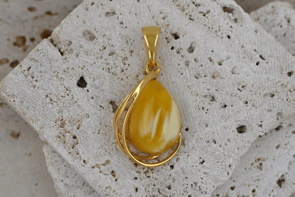 Unikatowy Wisiorek Bursztynowa Harfa, Mleczny, Pozłacane Srebro 925