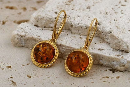 Kolczyki Bursztynowa Aureola, Koniak, Pozłacane srebro