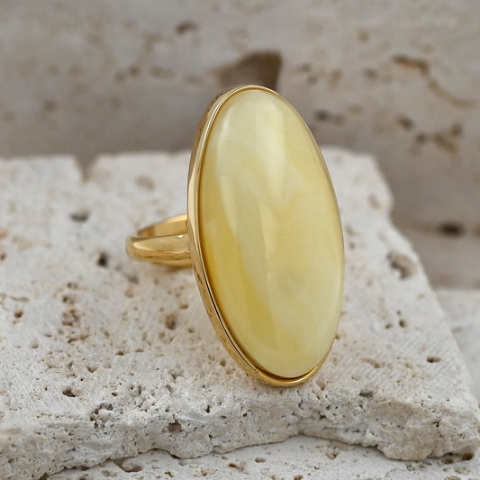 Duży Unikatowy Pierścionek Mleczny Bursztynowy, Unikat, Pozłacane Srebro 925