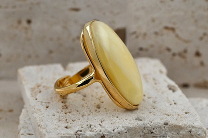 Duży Unikatowy Pierścionek Mleczny Bursztynowy, Unikat, Pozłacane Srebro 925