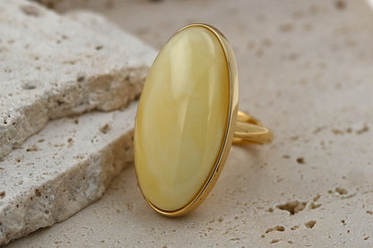 Duży Unikatowy Pierścionek Mleczny Bursztynowy, Unikat, Pozłacane Srebro 925