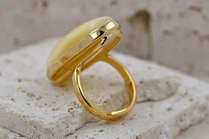 Duży Unikatowy Pierścionek Mleczny Bursztynowy, Unikat, Pozłacane Srebro 925