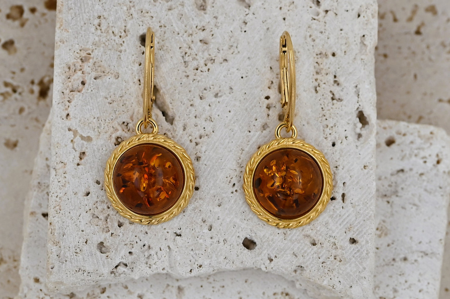 Kolczyki Bursztynowa Aureola, Koniak, Pozłacane srebro