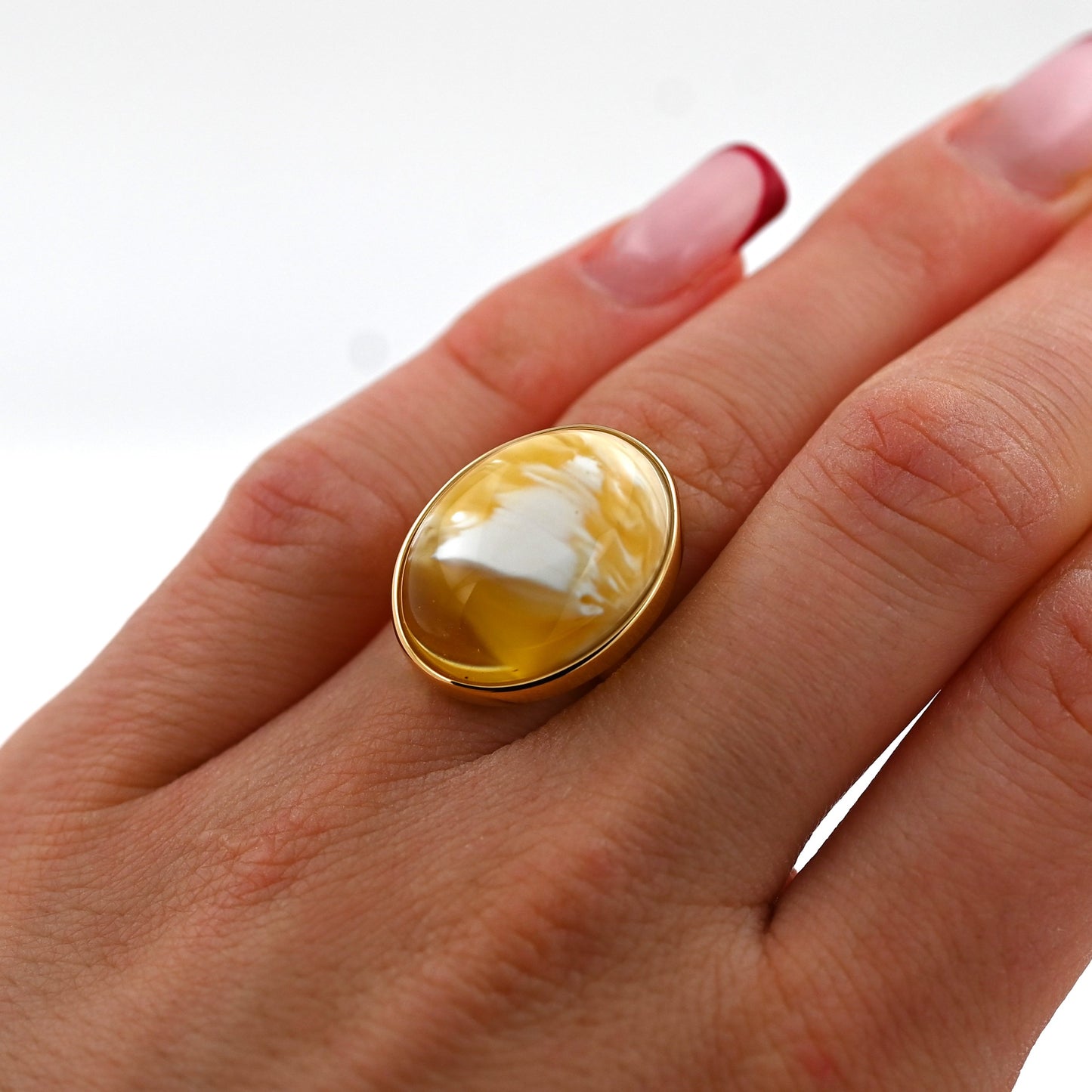 Unikatowym Pierścionek z Mlecznym Bursztynem Bałtyckim, Białe Mozaiki, Pozłacane Srebro 925