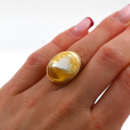 Unikatowym Pierścionek z Mlecznym Bursztynem Bałtyckim, Białe Mozaiki, Pozłacane Srebro 925