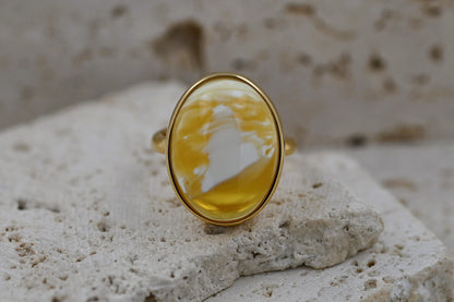 Unikatowym Pierścionek z Mlecznym Bursztynem Bałtyckim, Białe Mozaiki, Pozłacane Srebro 925