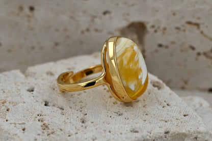 Unikatowym Pierścionek z Mlecznym Bursztynem Bałtyckim, Białe Mozaiki, Pozłacane Srebro 925