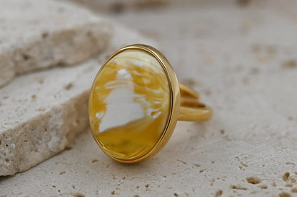 Unikatowym Pierścionek z Mlecznym Bursztynem Bałtyckim, Białe Mozaiki, Pozłacane Srebro 925