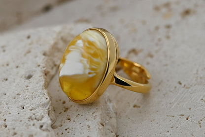 Unikatowym Pierścionek z Mlecznym Bursztynem Bałtyckim, Białe Mozaiki, Pozłacane Srebro 925