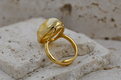 Unikatowym Pierścionek z Mlecznym Bursztynem Bałtyckim, Białe Mozaiki, Pozłacane Srebro 925