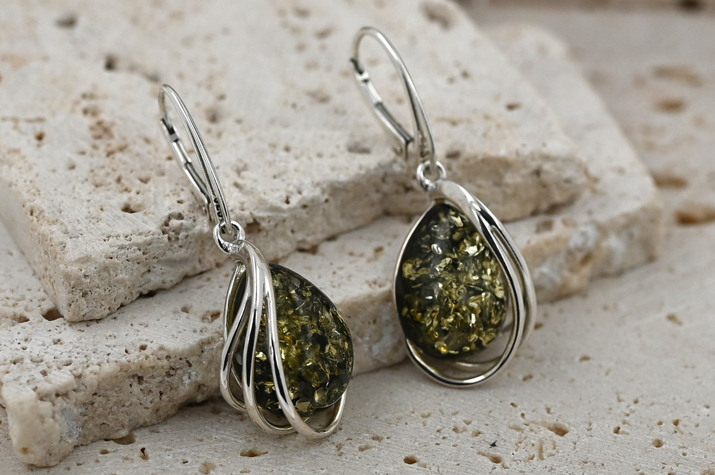 Kolczyki Bursztynowa Harfa, Zielony, Srebro 925