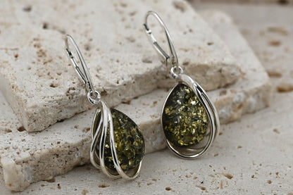 Kolczyki Bursztynowa Harfa, Zielony, Srebro 925