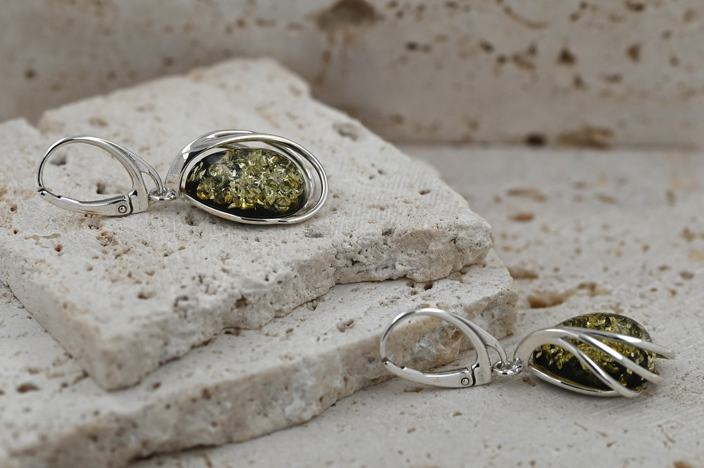 Kolczyki Bursztynowa Harfa, Zielony, Srebro 925