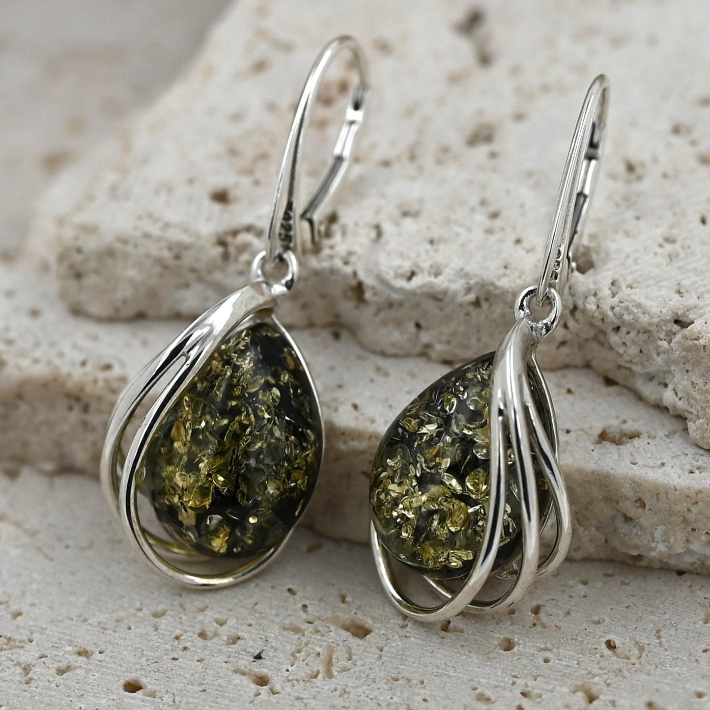 Kolczyki Bursztynowa Harfa, Zielony, Srebro 925