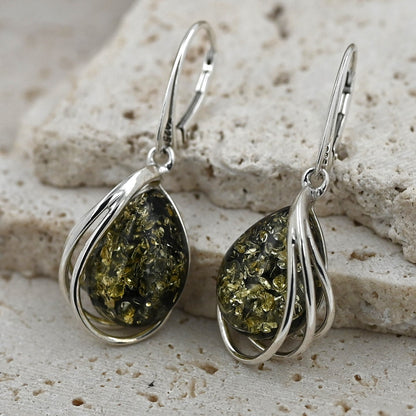 Kolczyki Bursztynowa Harfa, Zielony, Srebro 925