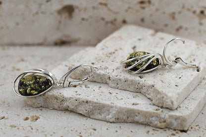 Kolczyki Bursztynowa Harfa, Zielony, Srebro 925