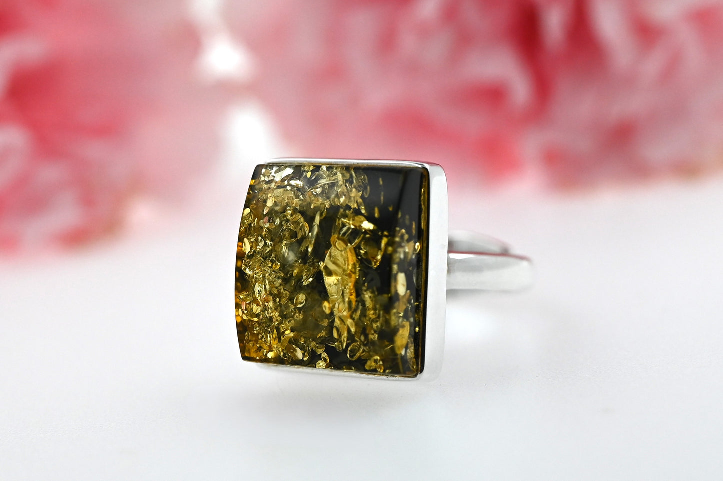 Square Ring Amber, Green, Silver 925