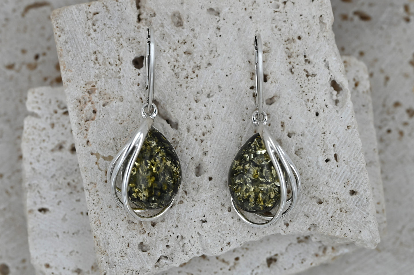 Kolczyki Bursztynowa Harfa, Zielony, Srebro 925