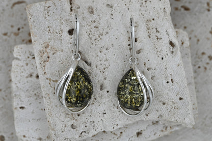 Kolczyki Bursztynowa Harfa, Zielony, Srebro 925