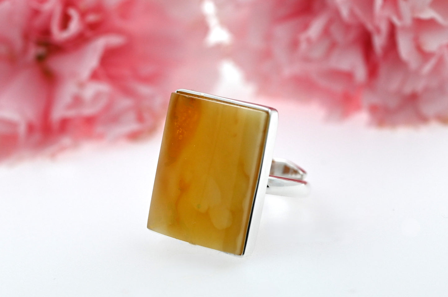 Rectangular Ring Amber, Yellow, Caramel, Silver 925, Unique