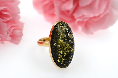 Green Baltic Amber Ring, Oval, Gold-plated Silver