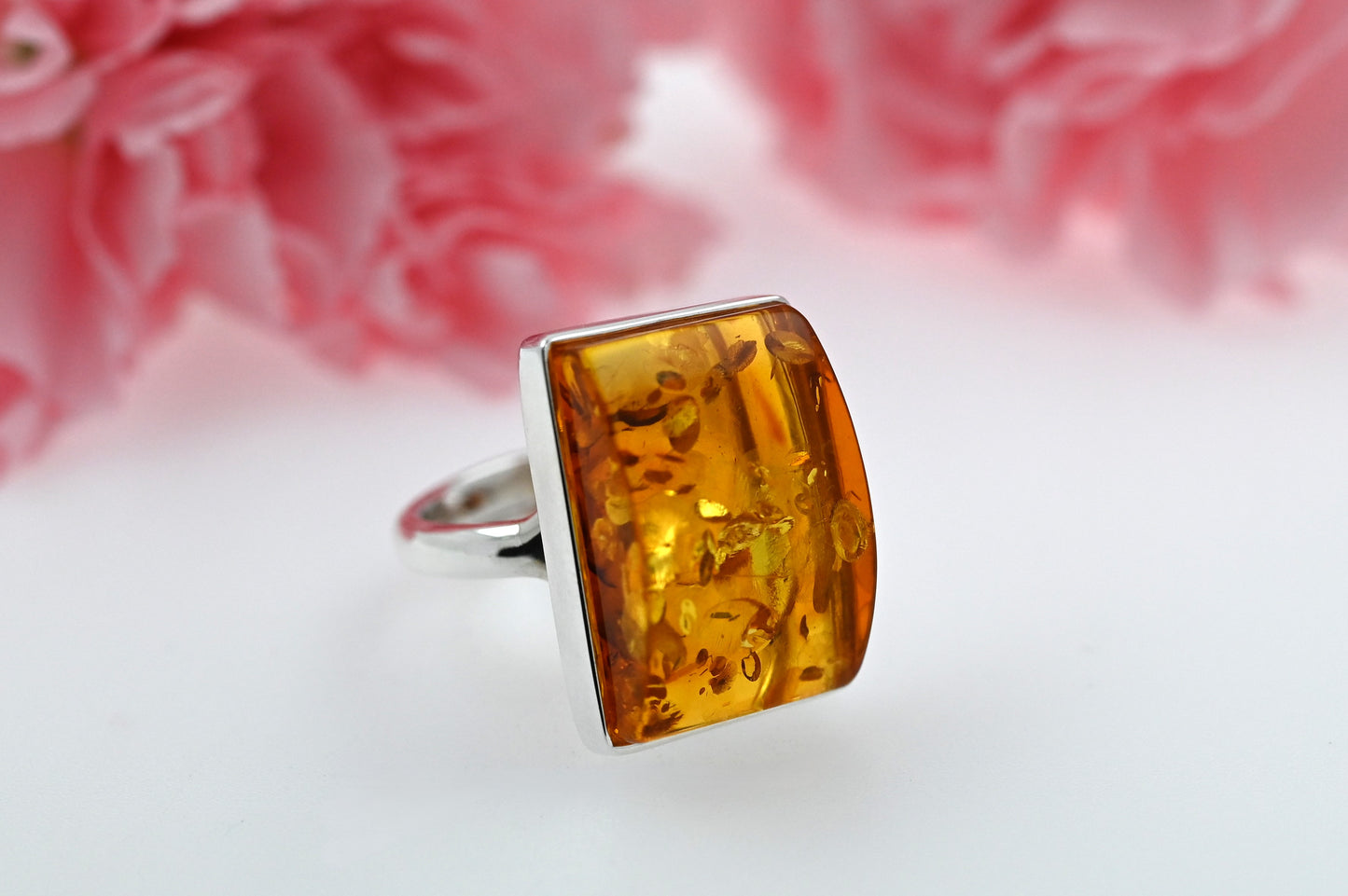 Rectangular Ring Amber, Cognac, Silver 925