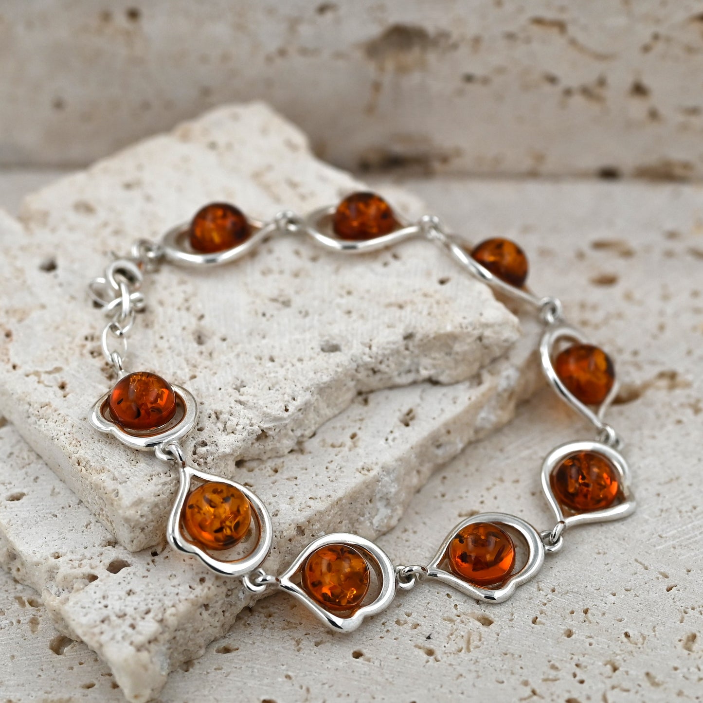 Bransoletka Bursztynowe Serce, Koniak, Srebro 925