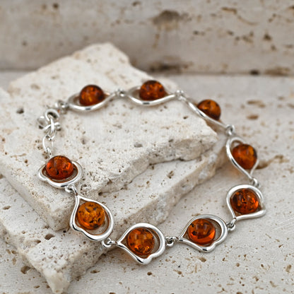 Bransoletka Bursztynowe Serce, Koniak, Srebro 925