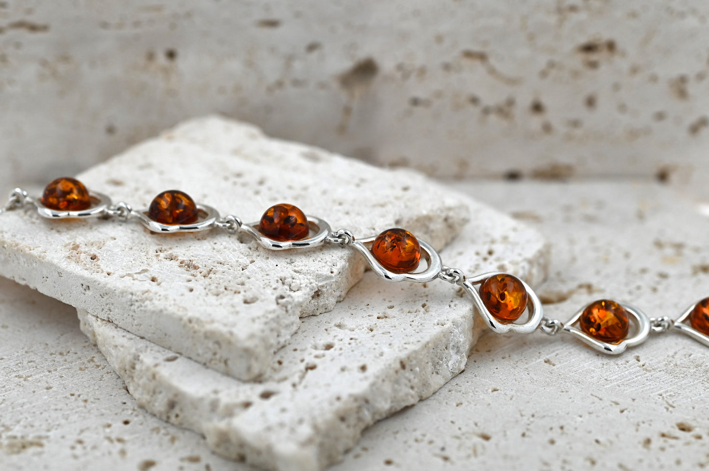 Bransoletka Bursztynowe Serce, Koniak, Srebro 925