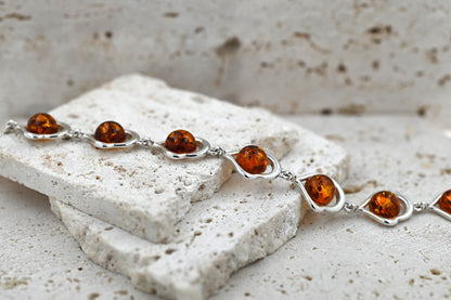 Bransoletka Bursztynowe Serce, Koniak, Srebro 925