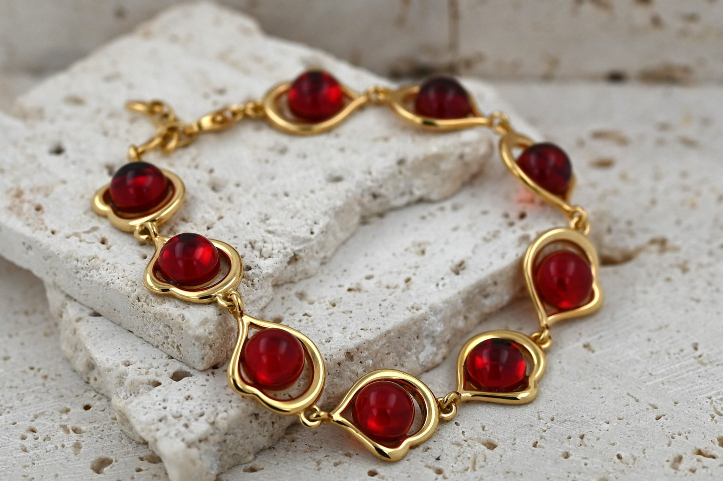 Bransoletka Bursztynowe Serce, Czerwony, Pozłacane Srebro 925