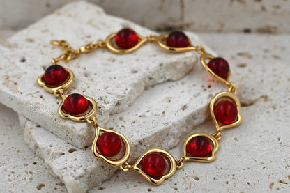 Bransoletka Bursztynowe Serce, Czerwony, Pozłacane Srebro 925