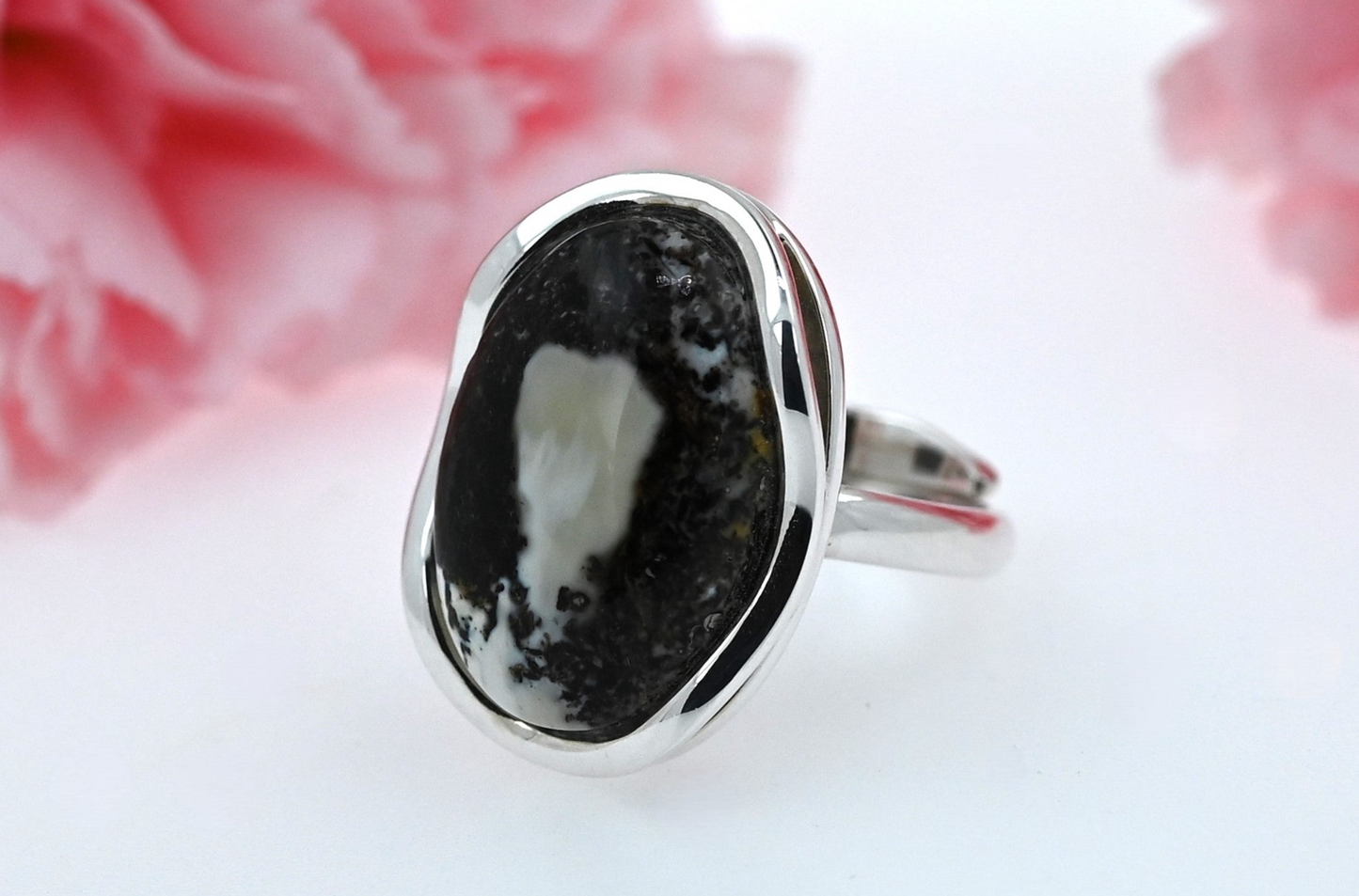 Amber Wave Ring, Black, White, Silver 925