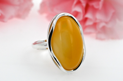 Large Amber Wave Ring, Yellow, Silver 925, Unique