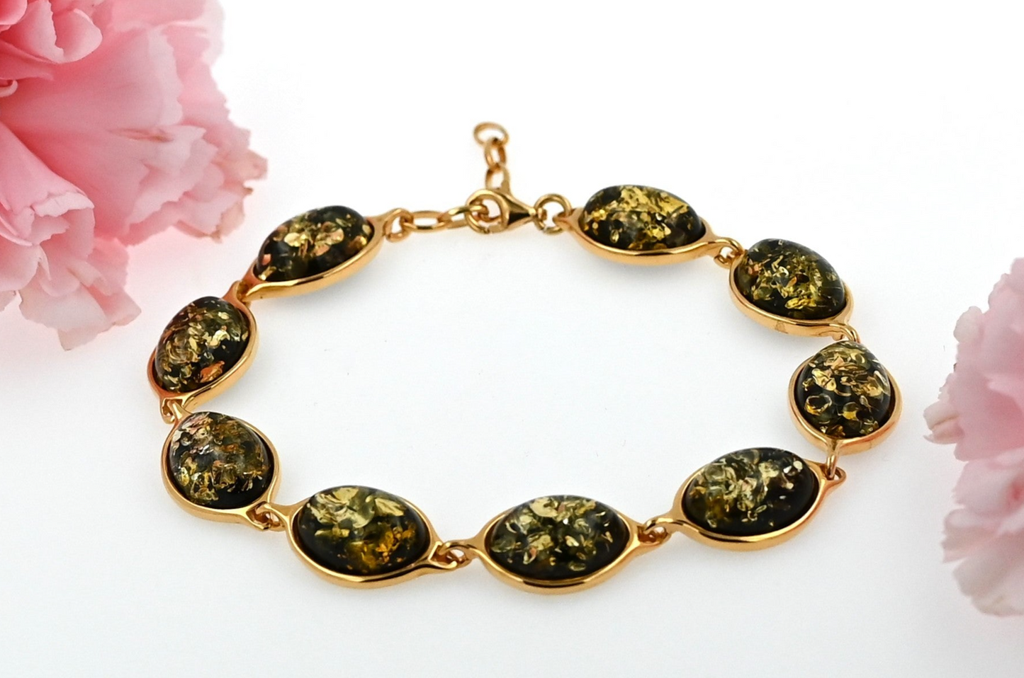 Elegance Amber Bracelet, Green, Gold Plated Silver