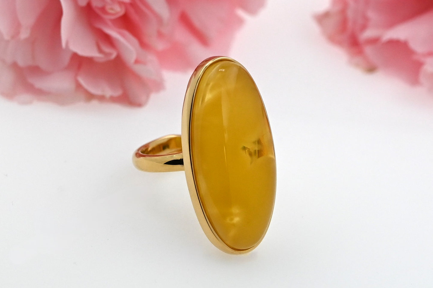 Large Baltic Amber Ring, Yellow, Gold-plated Silver