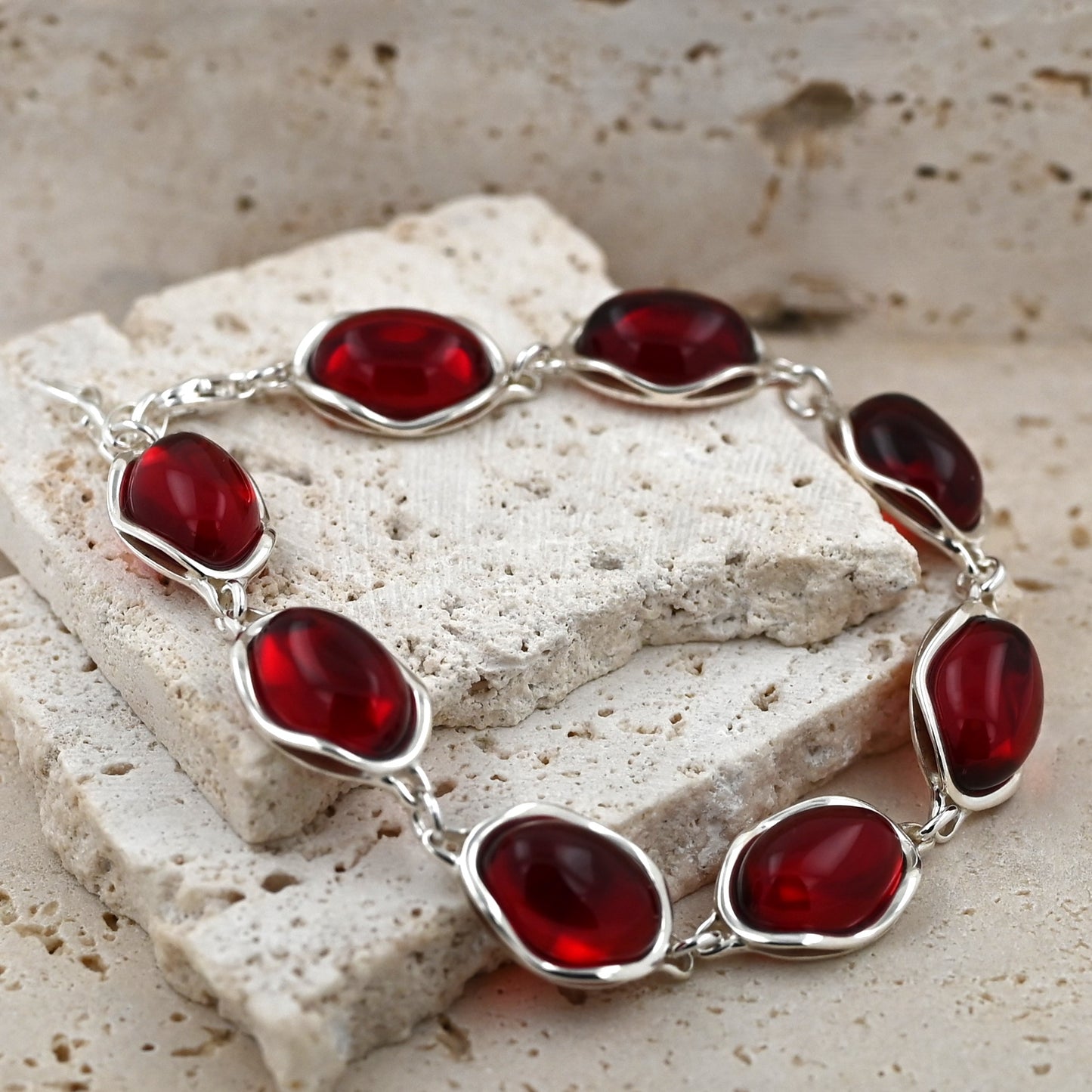 Bransoletka Bursztynowa Fala, Czerwony, Srebro 925