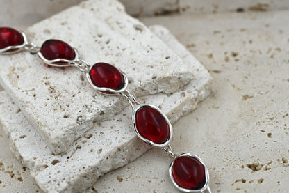 Bransoletka Bursztynowa Fala, Czerwony, Srebro 925