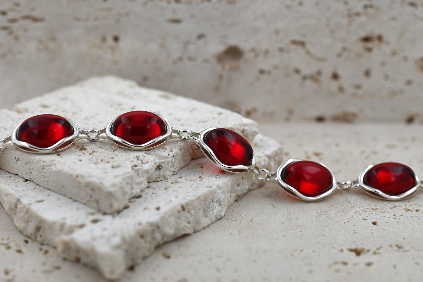 Bransoletka Bursztynowa Fala, Czerwony, Srebro 925