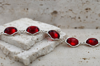 Bransoletka Bursztynowa Fala, Czerwony, Srebro 925