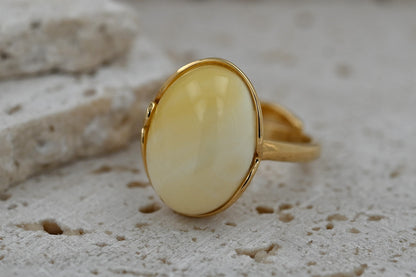 Unikatowy Pierścionek Bursztynowa Harmonia, Mleczny, Pozłacane Srebro 925