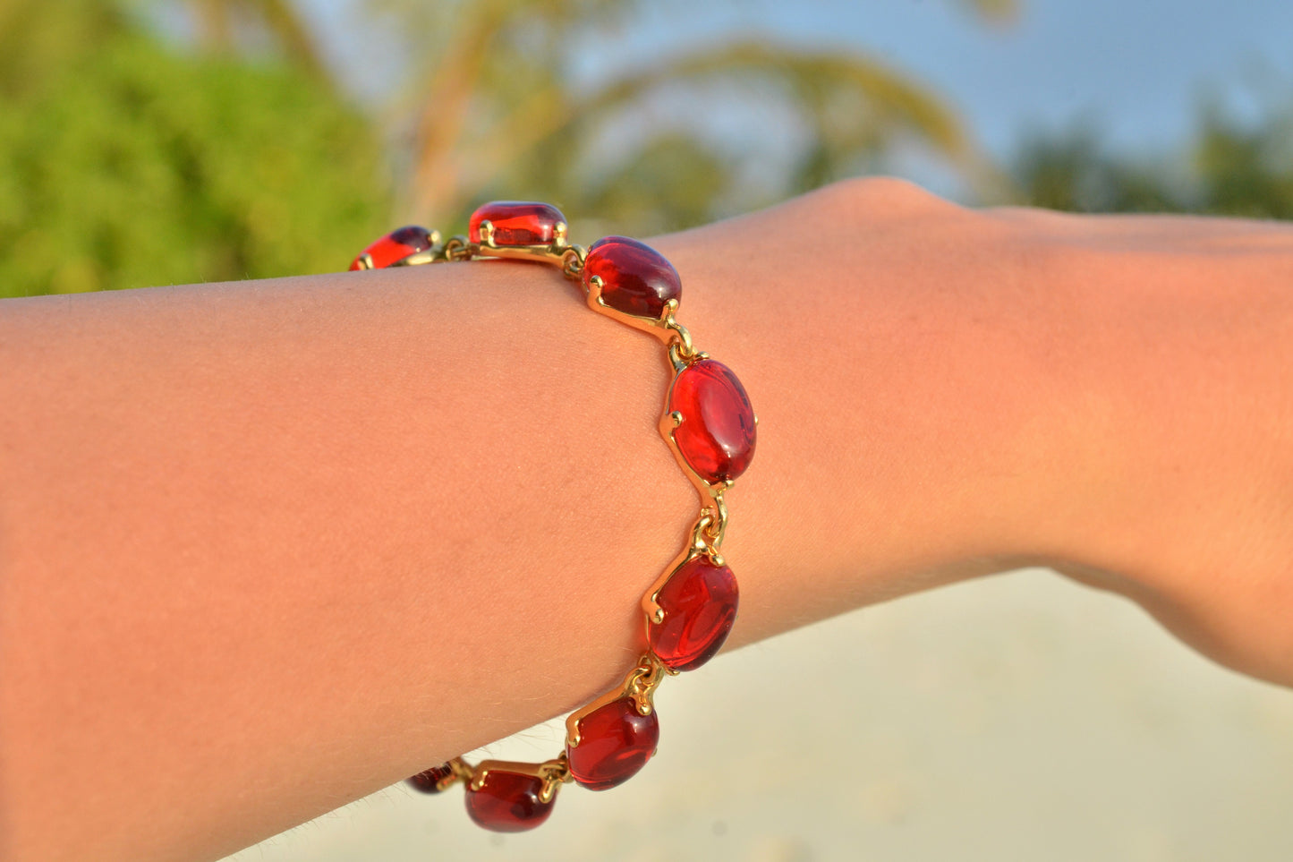 Amber Glow Bracelet, Red, Gold-plated Silver 925