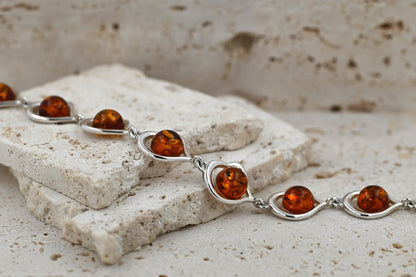 Bransoletka Bursztynowe Serce, Koniak, Srebro 925