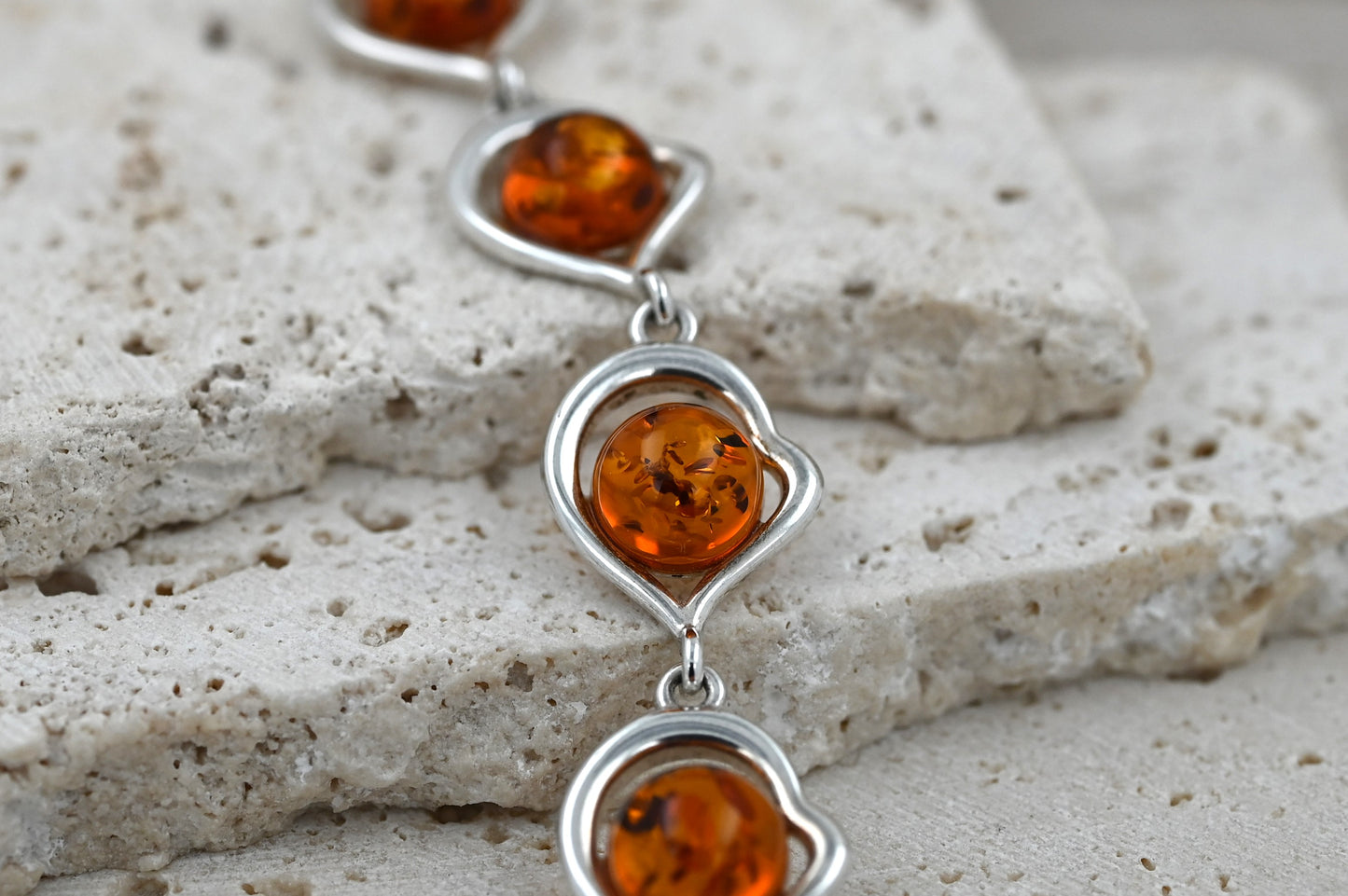Bransoletka Bursztynowe Serce, Koniak, Srebro 925